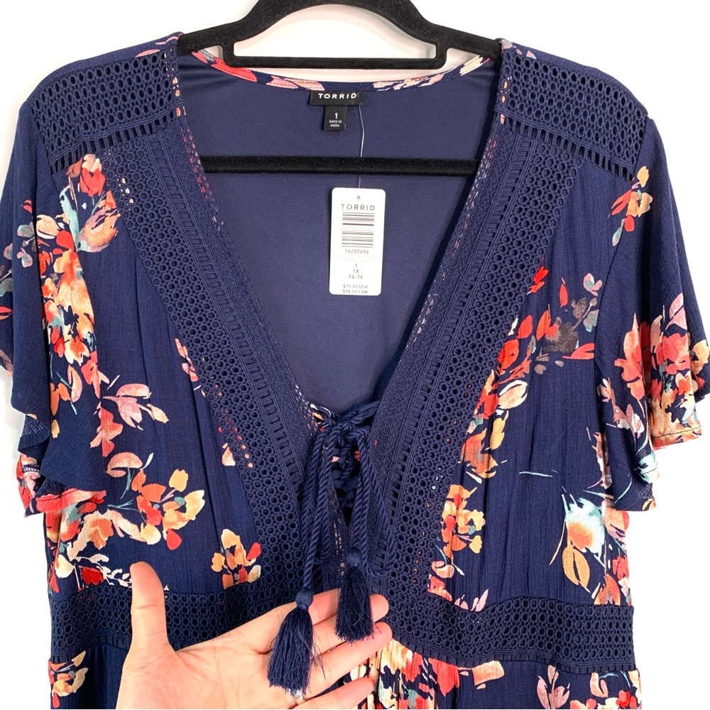 NWT Torrid Mini Gauze Lace Up Skater Dress Sz 1X Navy Blue Floral Print Boho - Picture 6 of 11
